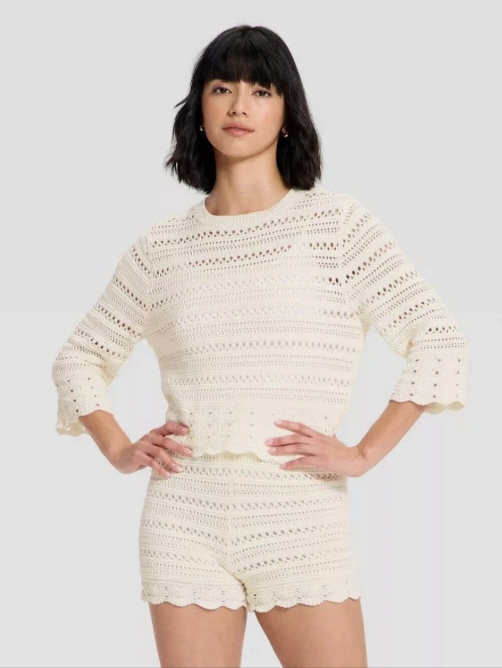 Women Quarter Sleeve Openwork Crewneck Pullover Sweater - Universal Thread